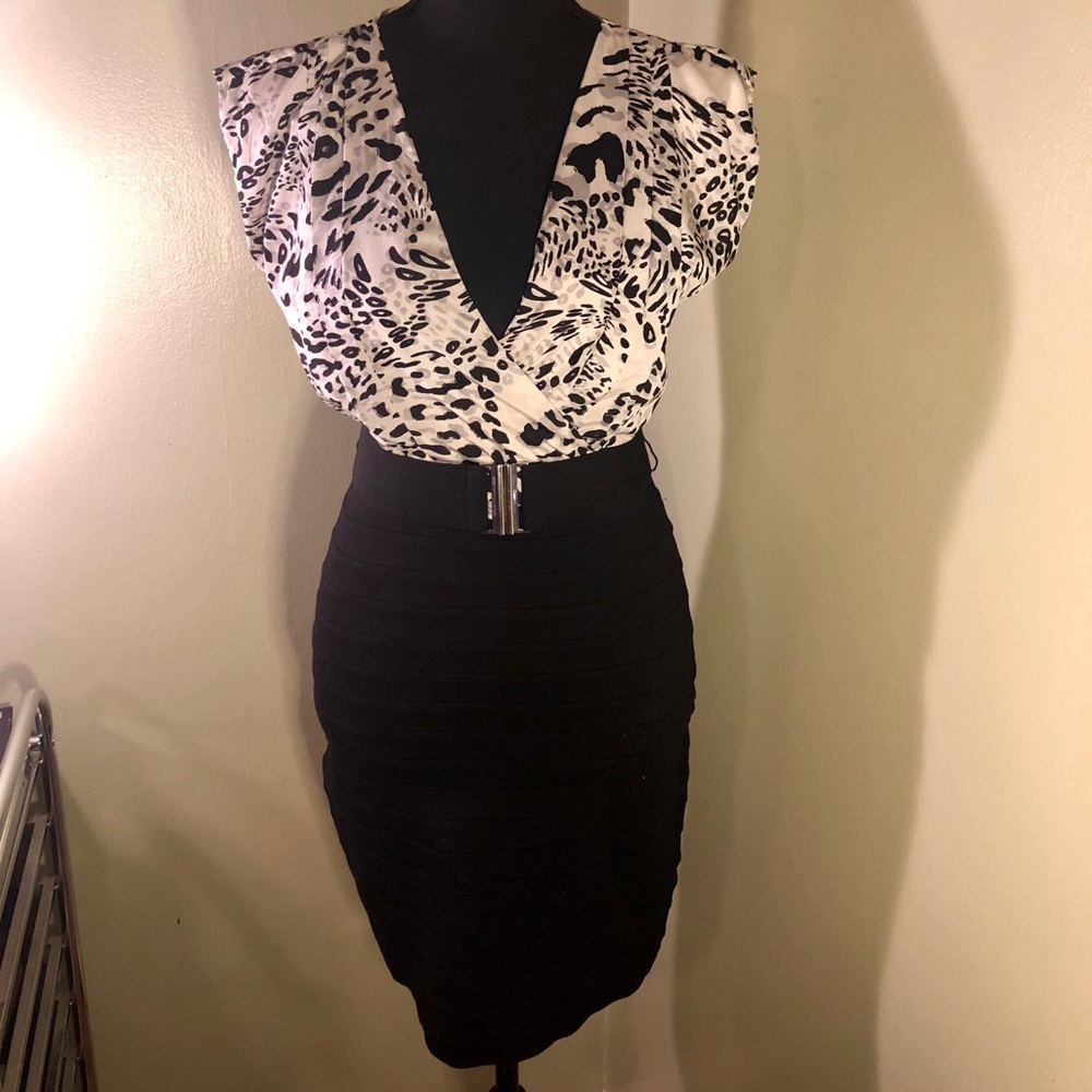 Black and white bodycon belted express dress